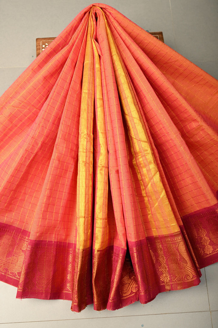 Orange pink dual tone  Zari Checks Pattern on Chettinad Cotton Saree with Contrast Zari Border, No Blouse Peice | SHOBITAM