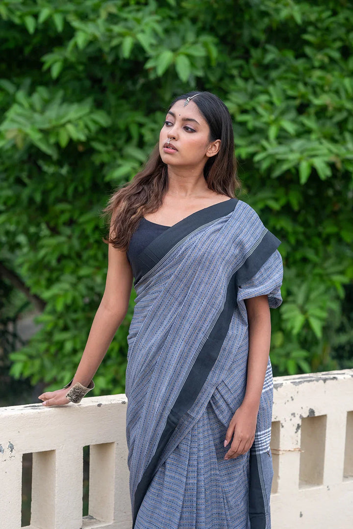 Handloom Grey Pure Cotton Jamdani Saree with Black Border | SHOBITAM
