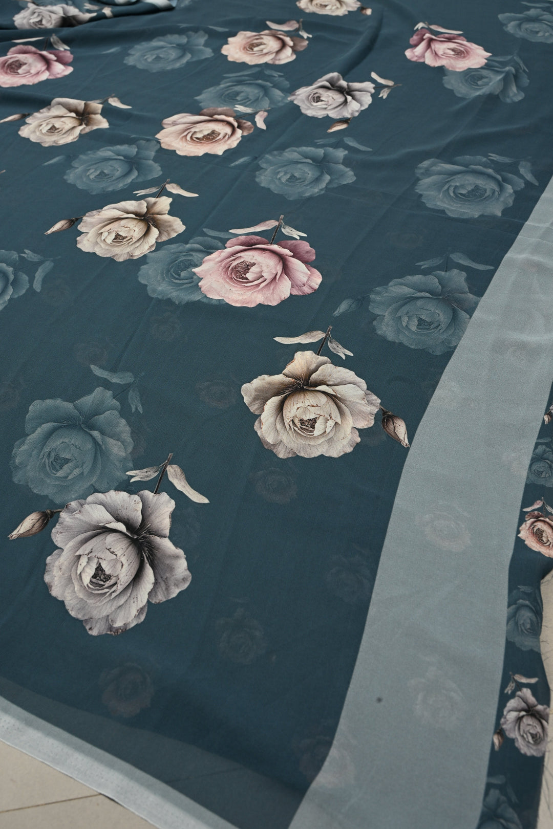 Gray Blue Georgette Saree with Blossom Floral Digital Print