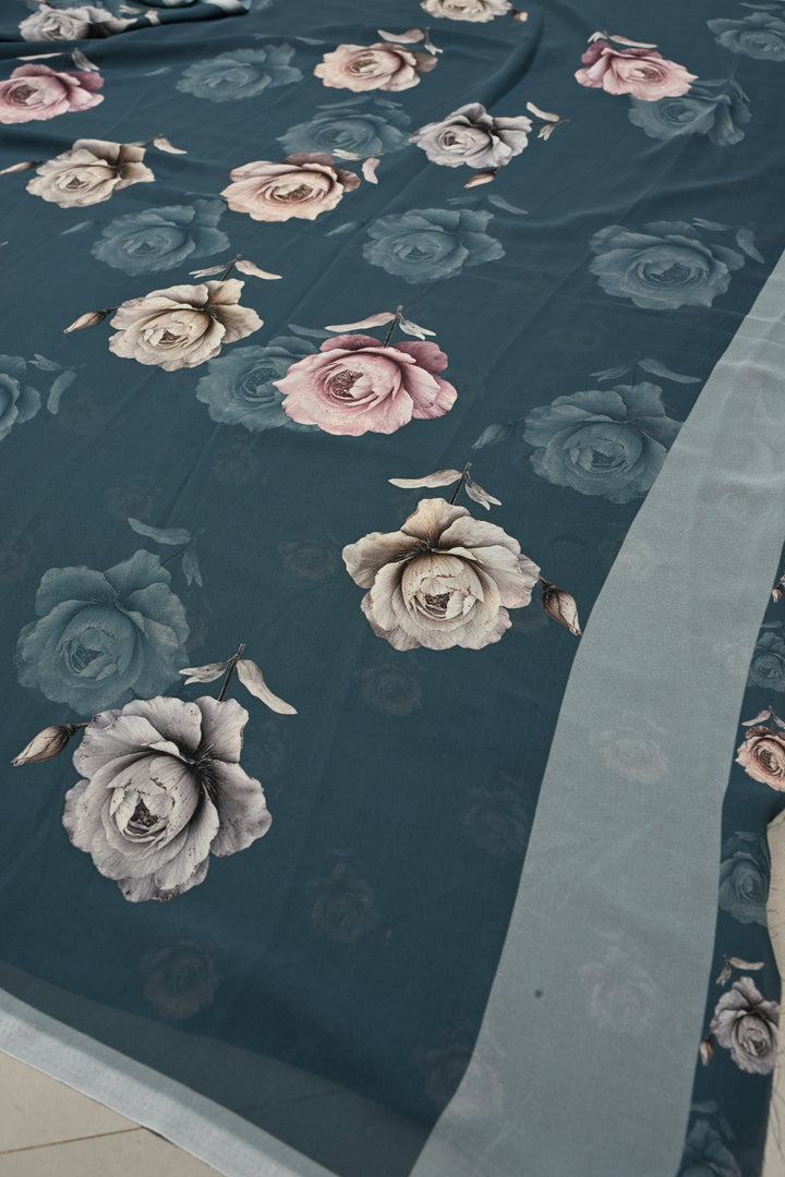 Gray Blue Georgette Saree with Blossom Floral Digital Print