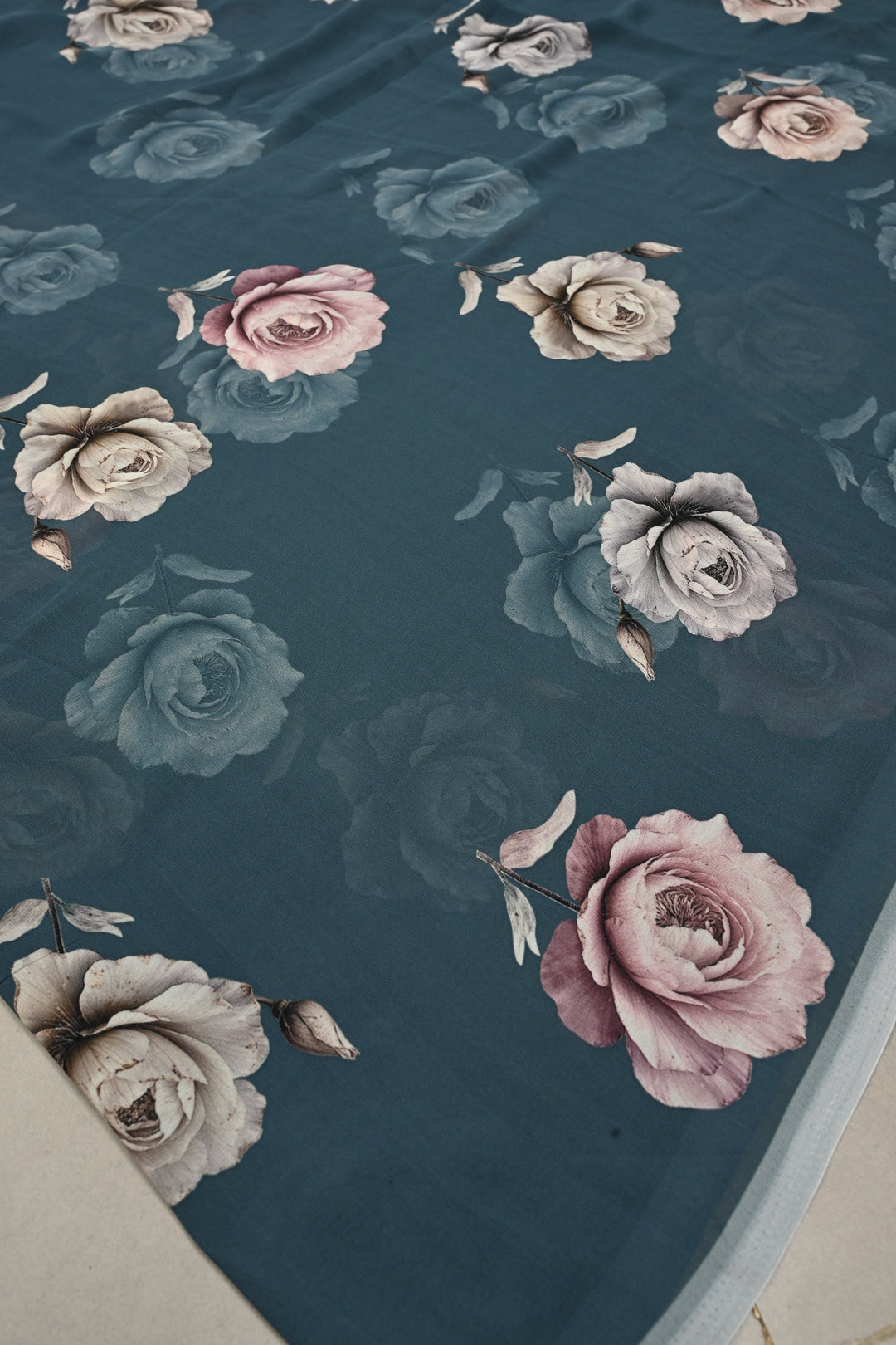 Gray Blue Georgette Saree with Blossom Floral Digital Print