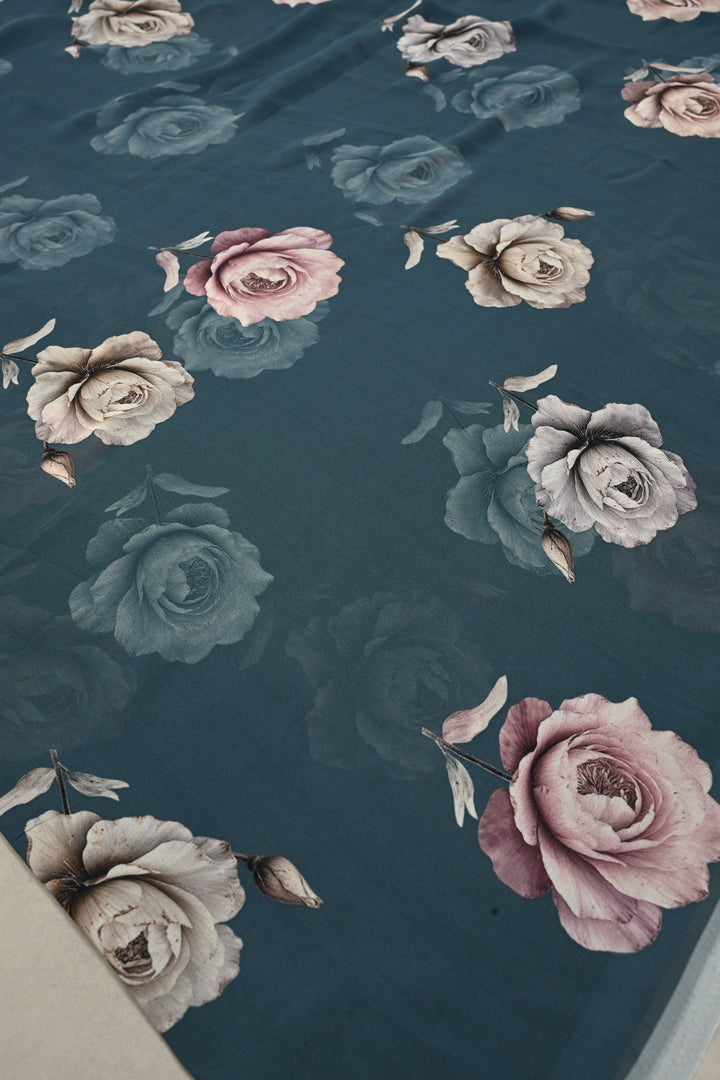 Gray Blue Georgette Saree with Blossom Floral Digital Print