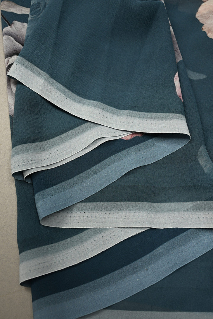 Gray Blue Georgette Saree with Blossom Floral Digital Print