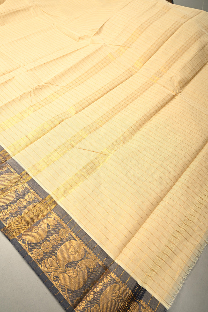 Beige Zari Checks on Chettinad Cotton Saree with Contrast Zari Border, No Blouse Piece | SHOBITAM