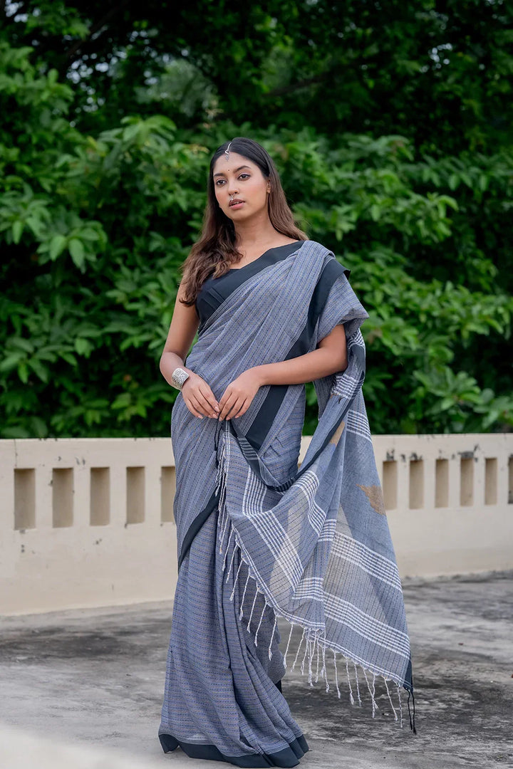 Handloom Grey Pure Cotton Jamdani Saree with Black Border | SHOBITAM