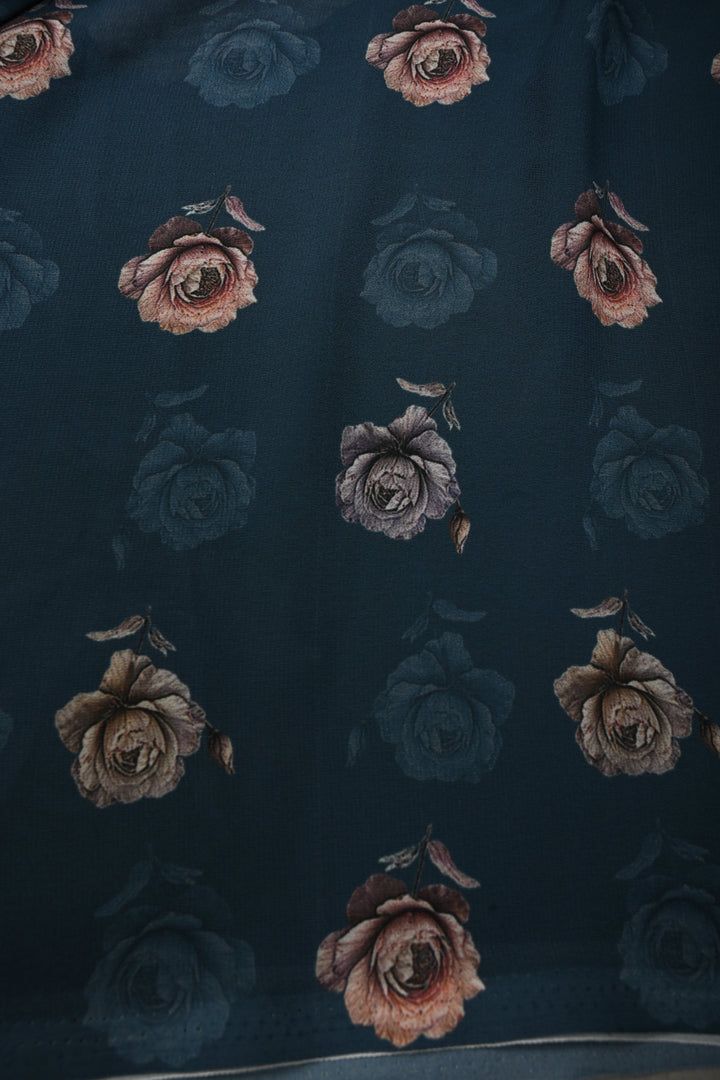 Gray Blue Georgette Saree with Blossom Floral Digital Print