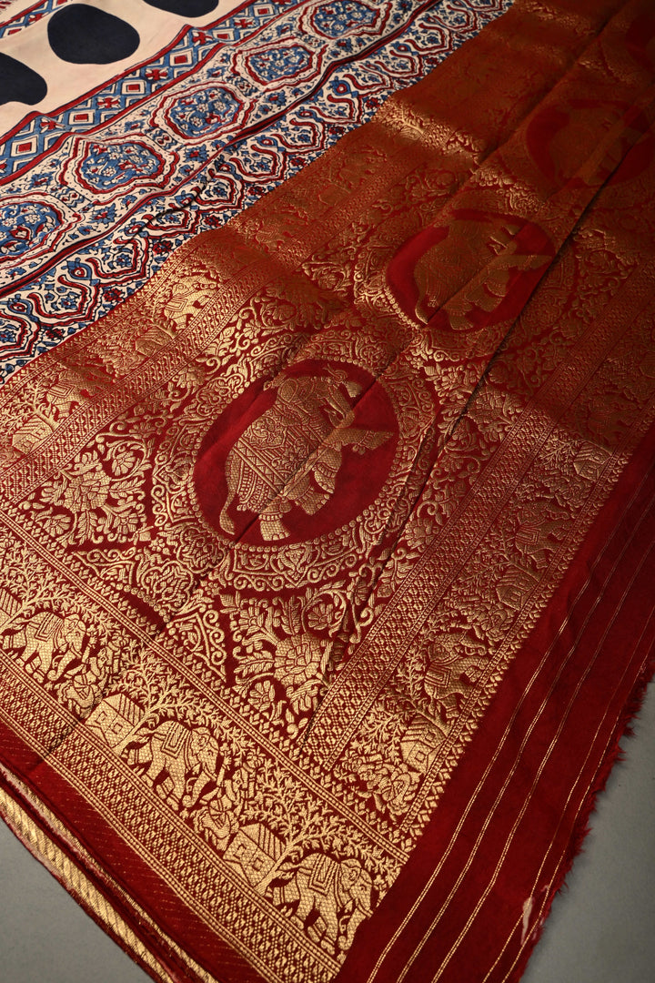 Beige Dola Silk Saree with Hand Block Print and Contrast Fancy Zari Border