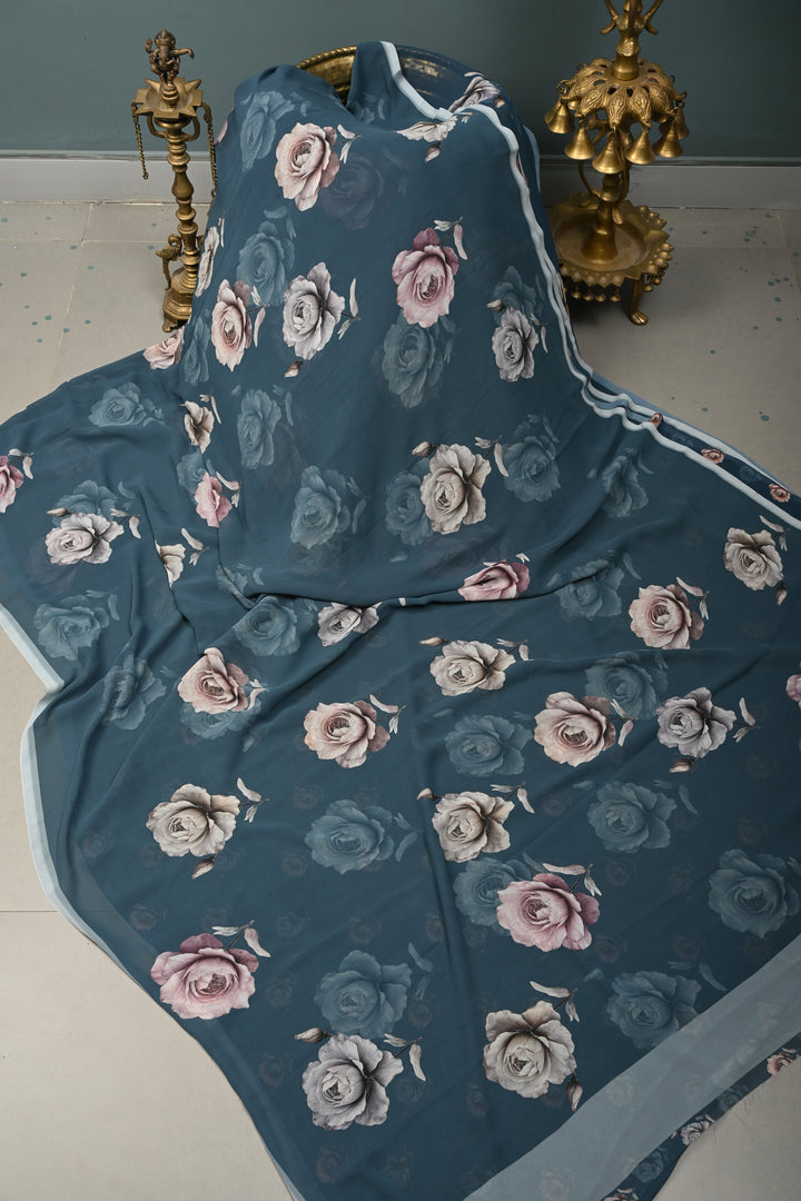 Gray Blue Georgette Saree with Blossom Floral Digital Print