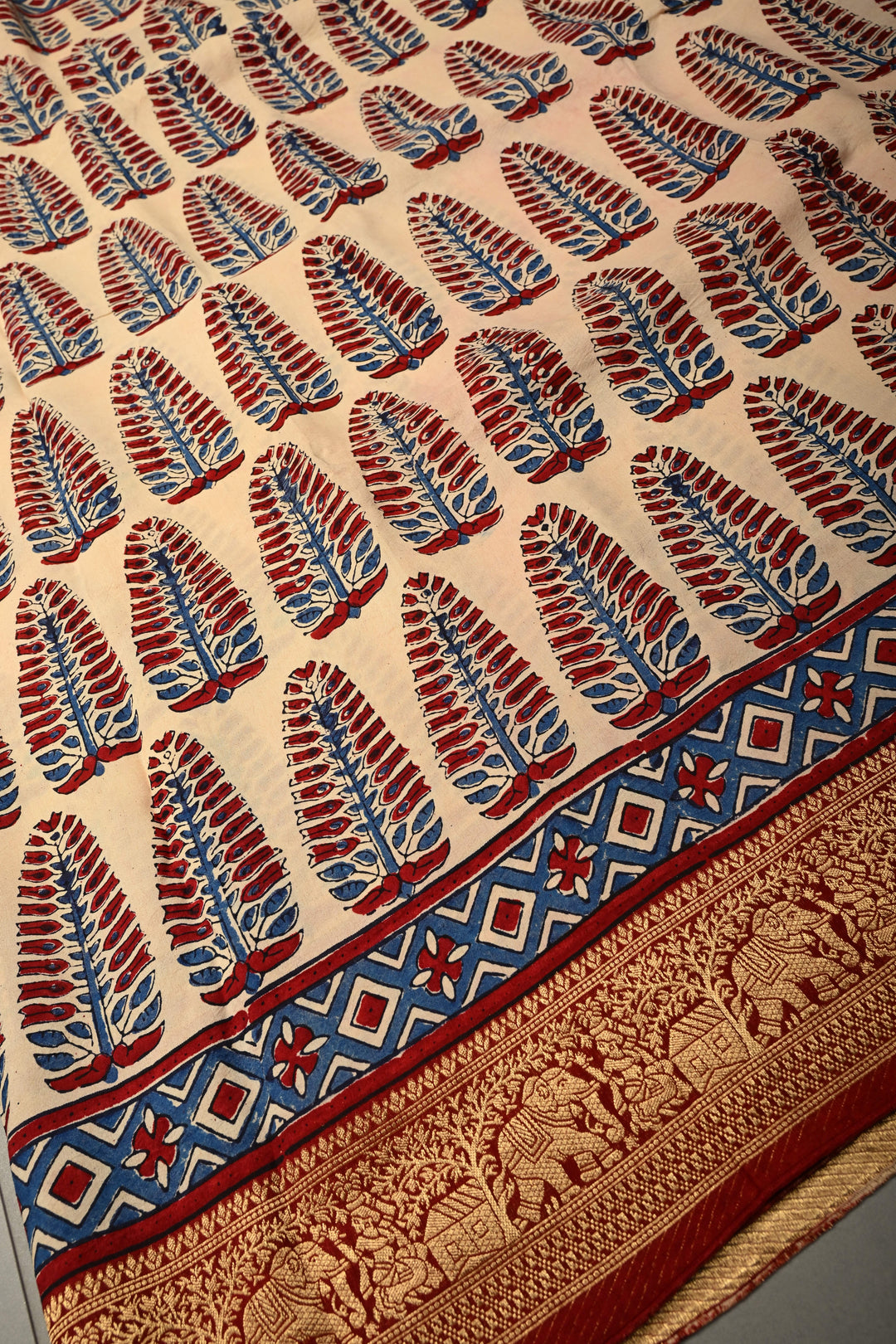 Beige Dola Silk Saree with Hand Block Print and Contrast Fancy Zari Border