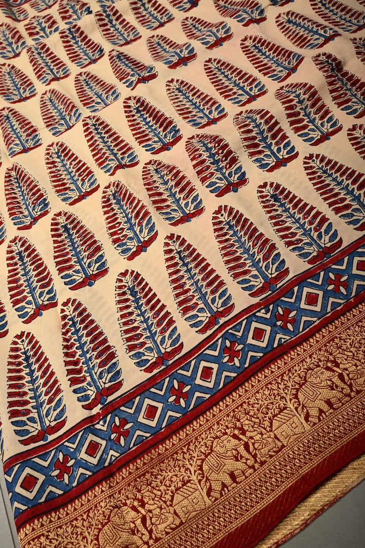 Beige Dola Silk Saree with Hand Block Print and Contrast Fancy Zari Border