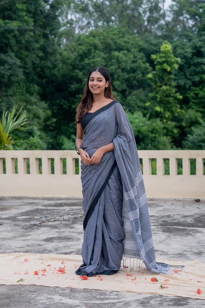 Handloom Grey Pure Cotton Jamdani Saree with Black Border | SHOBITAM