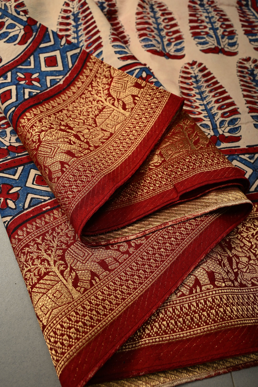 Beige Dola Silk Saree with Hand Block Print and Contrast Fancy Zari Border