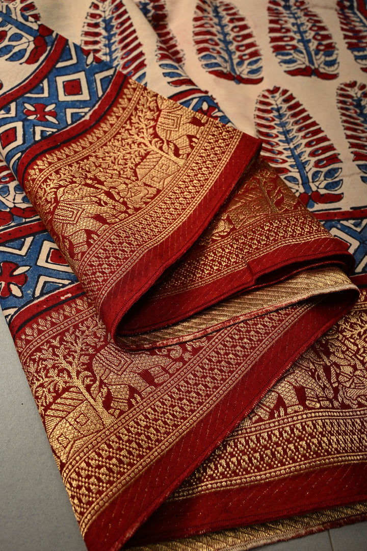 Beige Dola Silk Saree with Hand Block Print and Contrast Fancy Zari Border