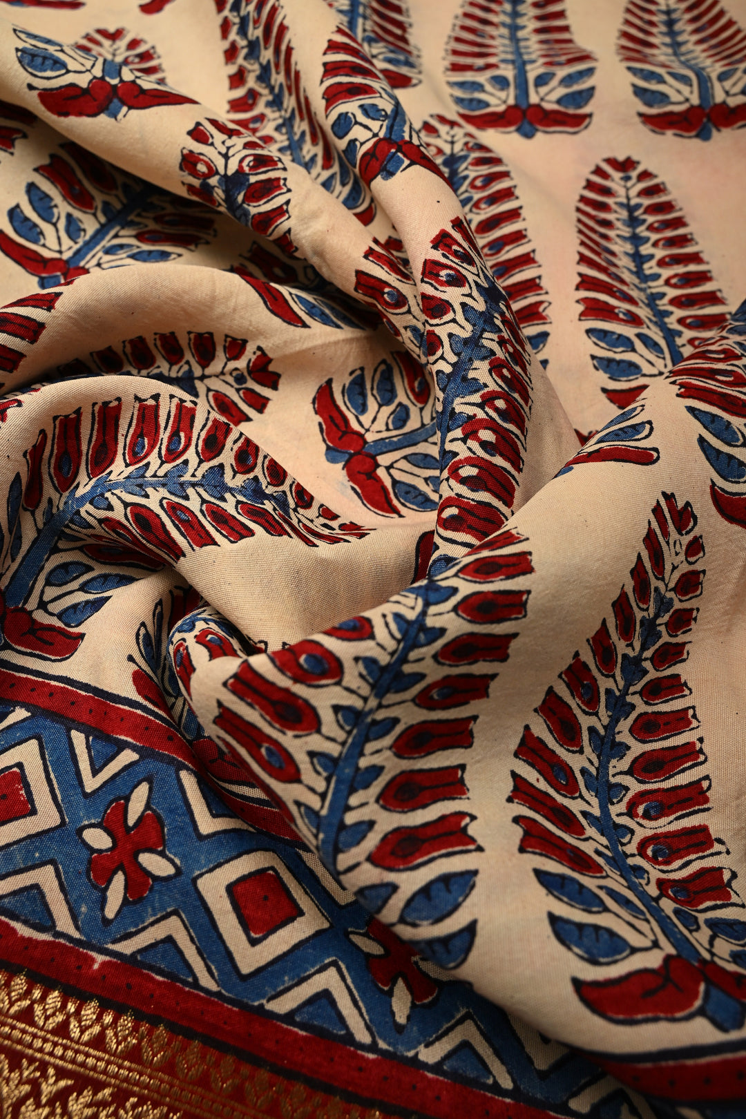 Beige Dola Silk Saree with Hand Block Print and Contrast Fancy Zari Border