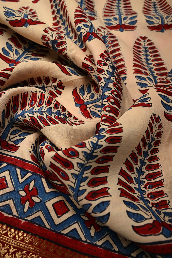 Beige Dola Silk Saree with Hand Block Print and Contrast Fancy Zari Border