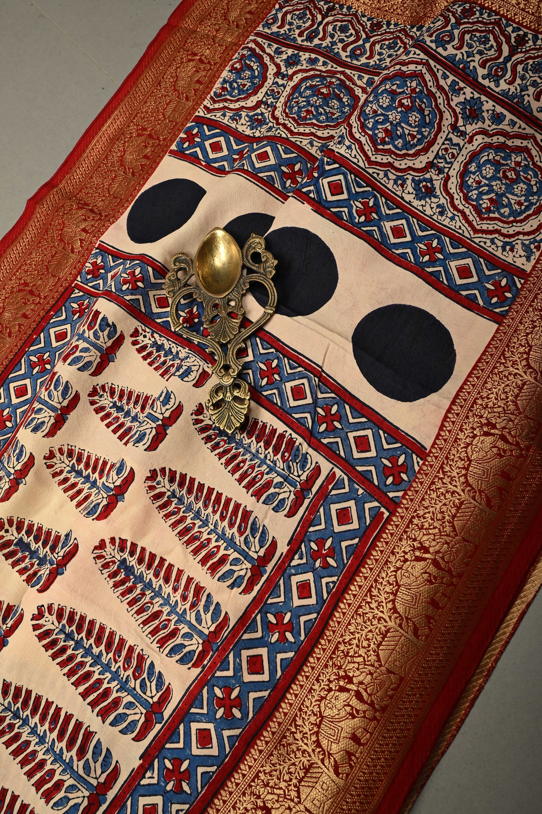 Beige Dola Silk Saree with Hand Block Print and Contrast Fancy Zari Border