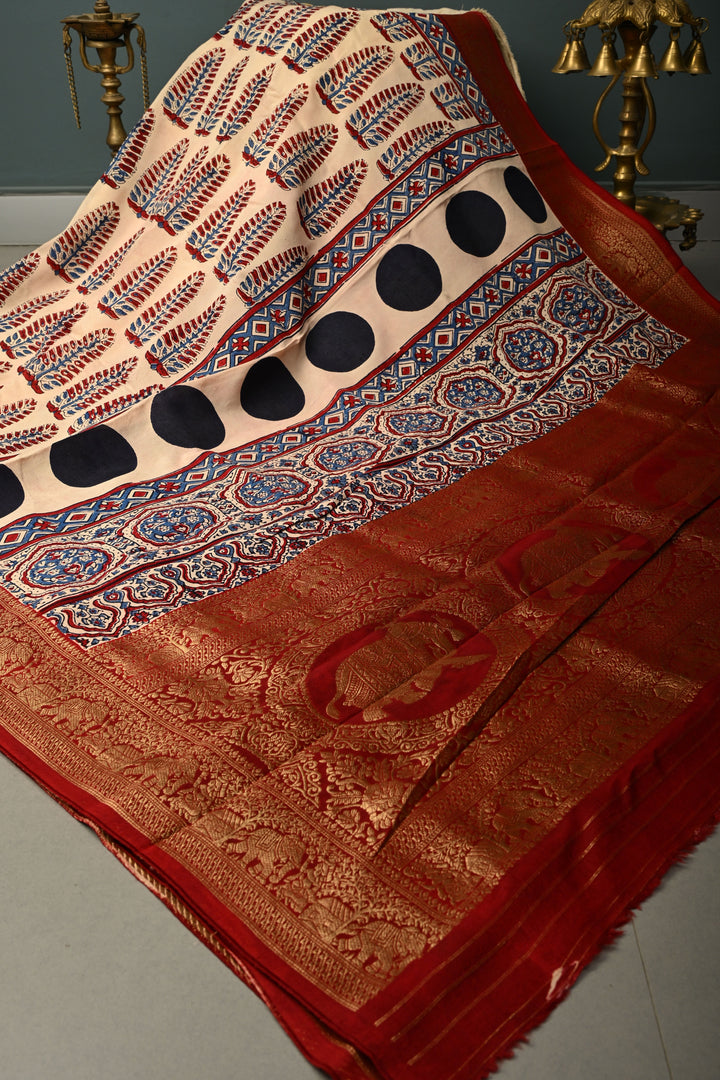 Beige Dola Silk Saree with Hand Block Print and Contrast Fancy Zari Border