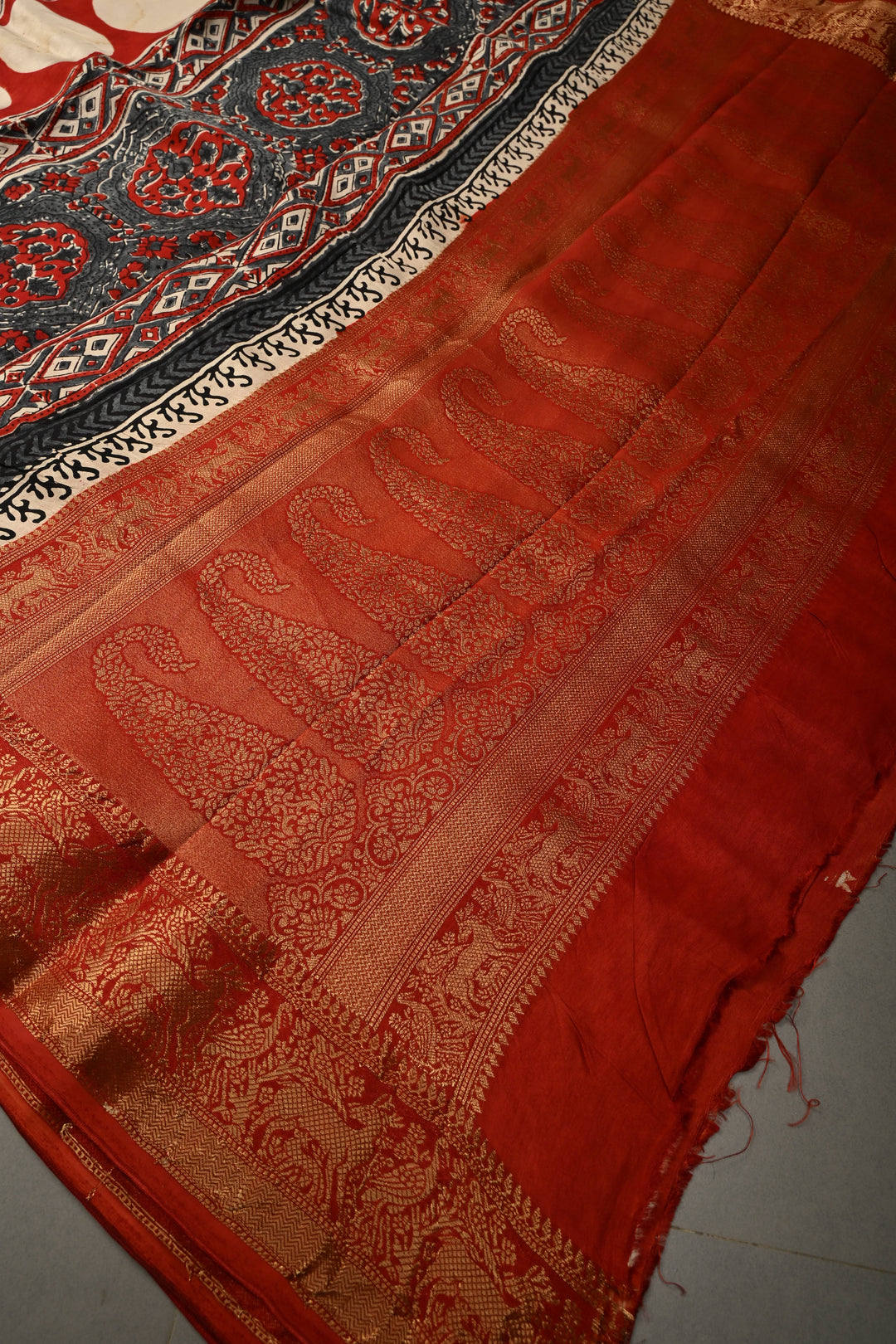 Black-White Dola Silk Saree with Stripes Hand Block Print and Fancy Zari Border, No Blouse Piece | SHOBITAM