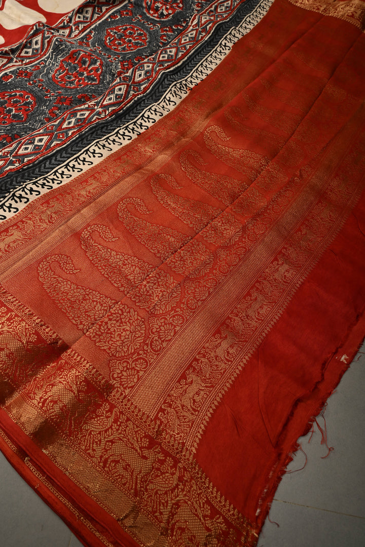 Black-White Dola Silk Saree with Stripes Hand Block Print and Fancy Zari Border, No Blouse Piece | SHOBITAM