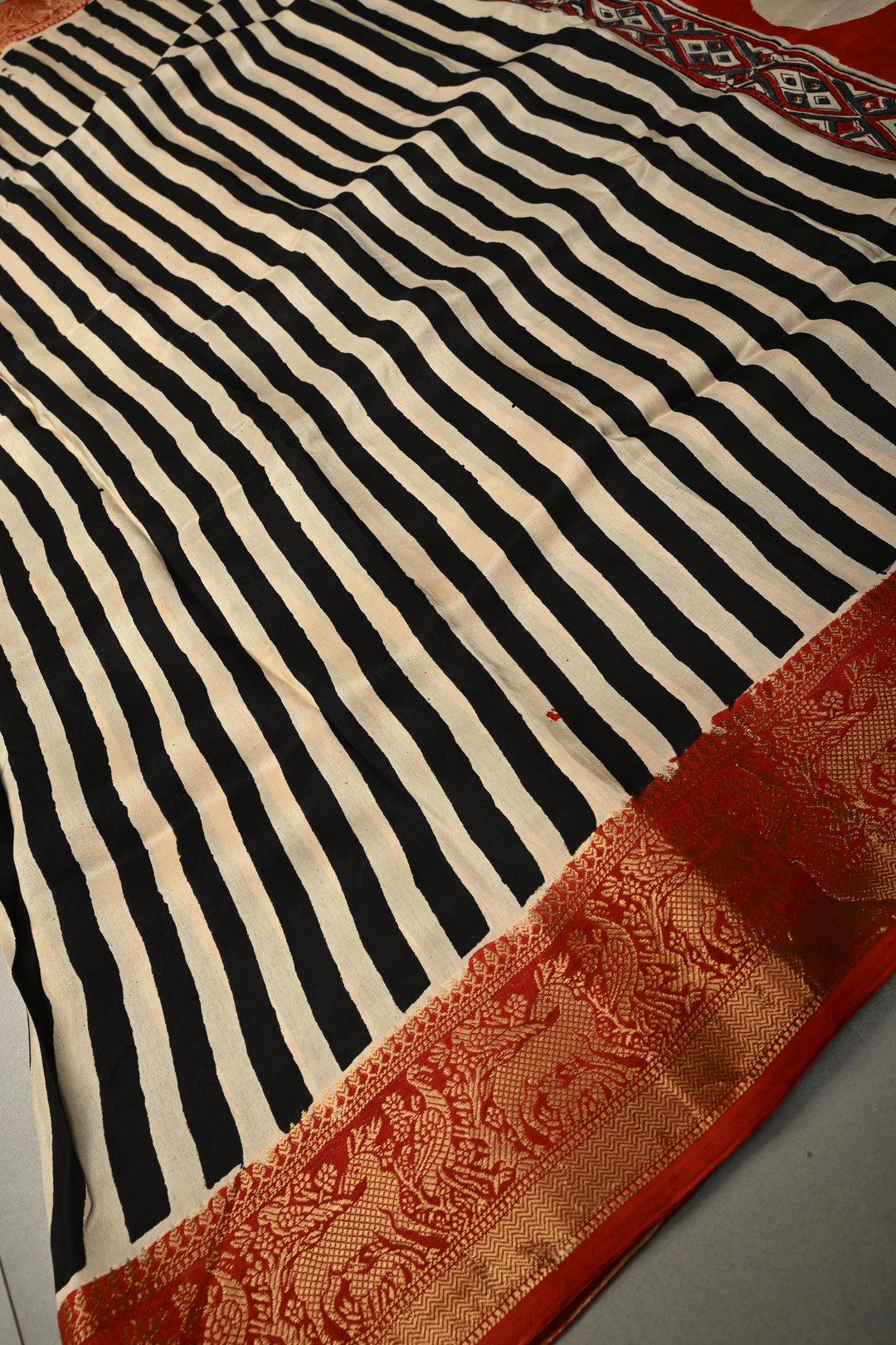 Black-White Dola Silk Saree with Stripes Hand Block Print and Fancy Zari Border, No Blouse Piece | SHOBITAM