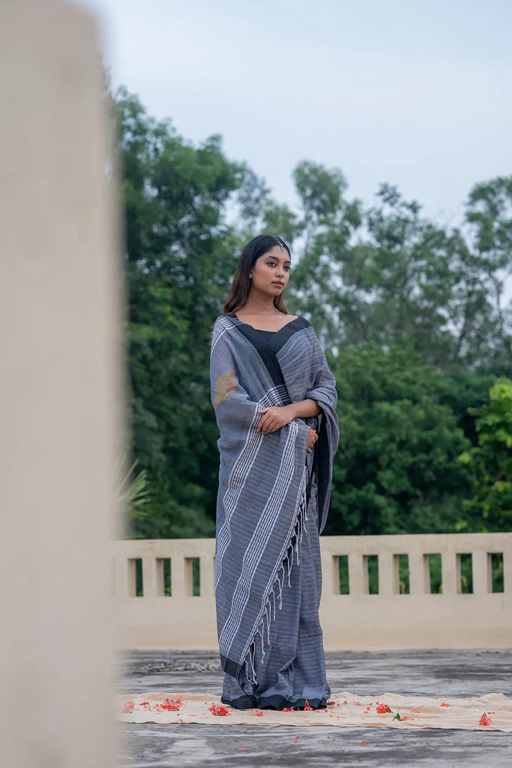 Handloom Grey Pure Cotton Jamdani Saree with Black Border | SHOBITAM