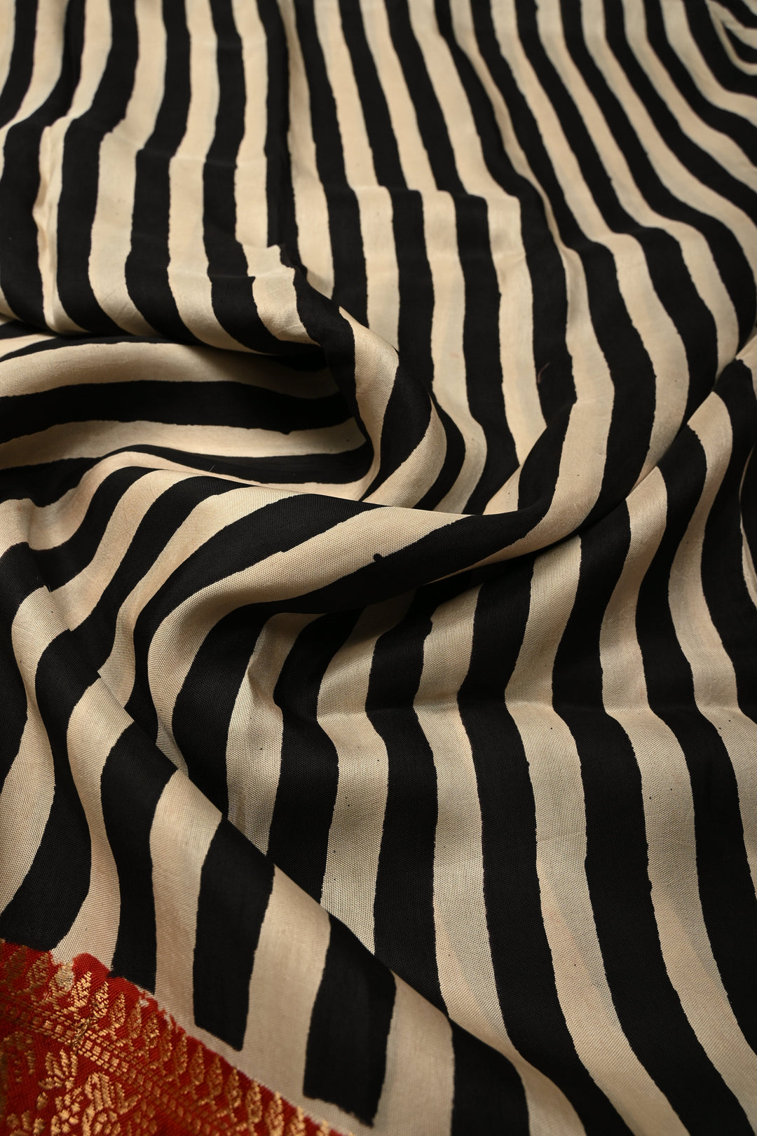 Black-White Dola Silk Saree with Stripes Hand Block Print and Fancy Zari Border, No Blouse Piece | SHOBITAM