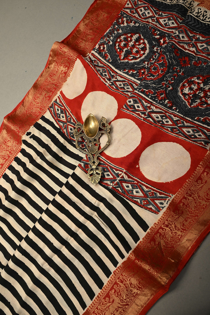 Black-White Dola Silk Saree with Stripes Hand Block Print and Fancy Zari Border, No Blouse Piece | SHOBITAM