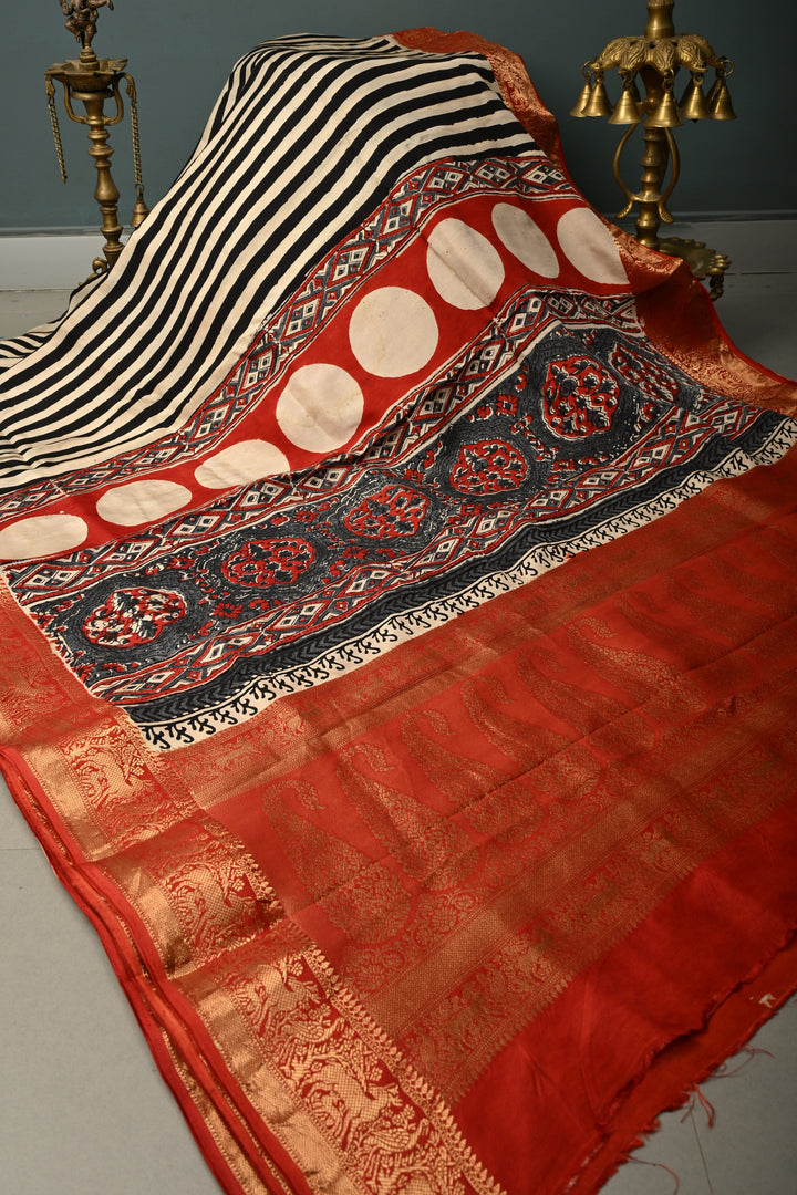 Black-White Dola Silk Saree with Stripes Hand Block Print and Fancy Zari Border, No Blouse Piece | SHOBITAM