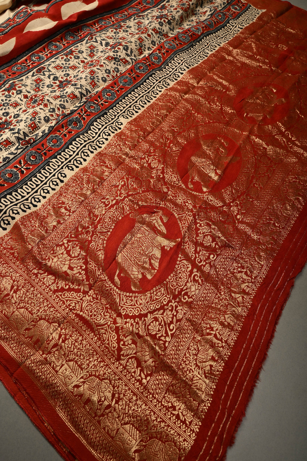 Beige Pichawai Hand Block Print on Dola Silk Saree with Fancy Zari Border and Ajrakh Pallu | SHOBITAM