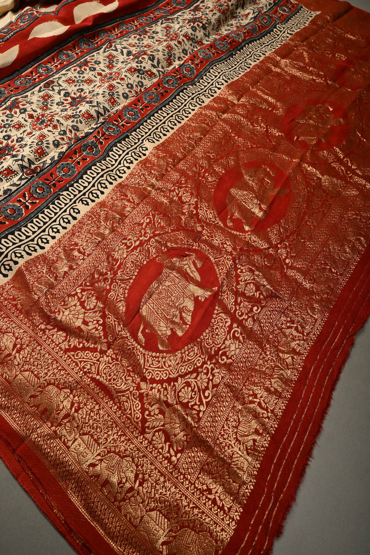 Beige Pichawai Hand Block Print on Dola Silk Saree with Fancy Zari Border and Ajrakh Pallu | SHOBITAM