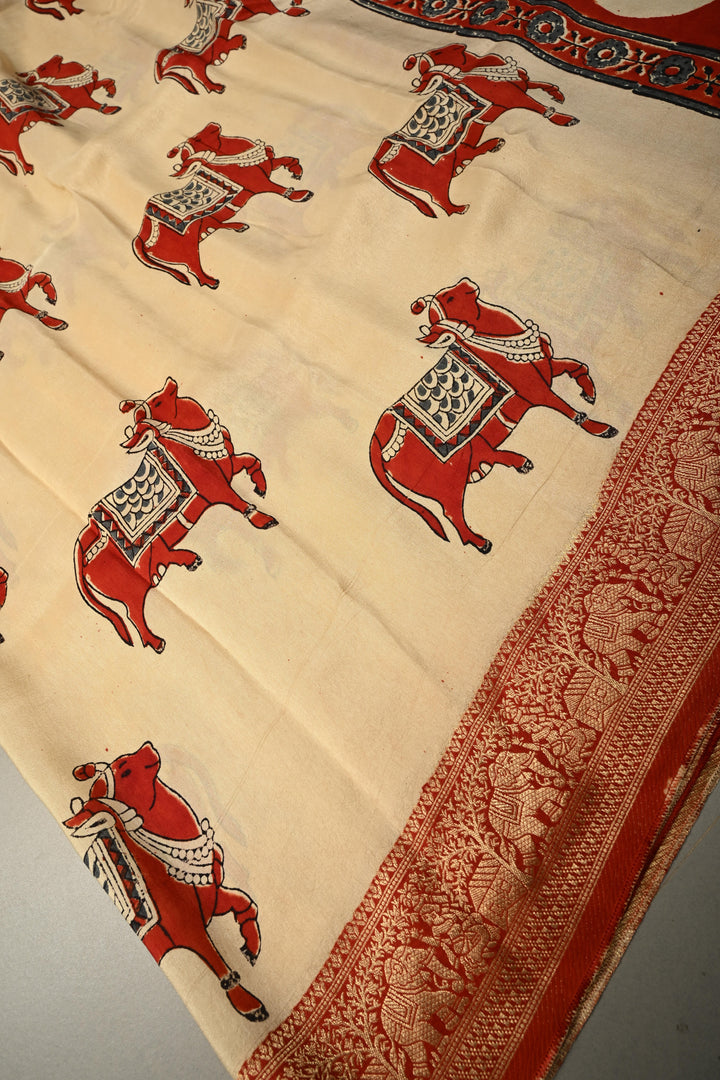 Beige Pichawai Hand Block Print on Dola Silk Saree with Fancy Zari Border and Ajrakh Pallu | SHOBITAM