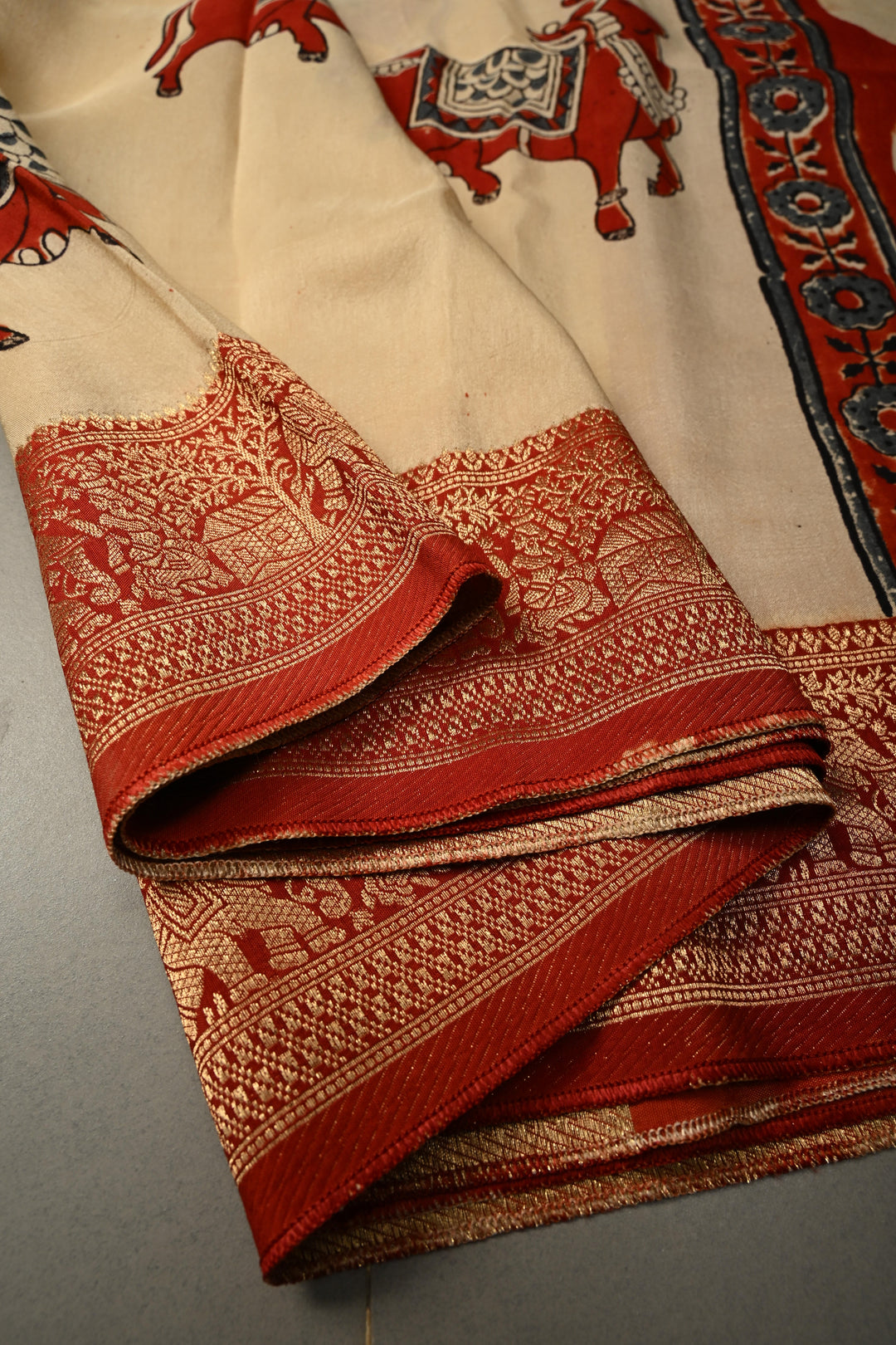 Beige Pichawai Hand Block Print on Dola Silk Saree with Fancy Zari Border and Ajrakh Pallu | SHOBITAM