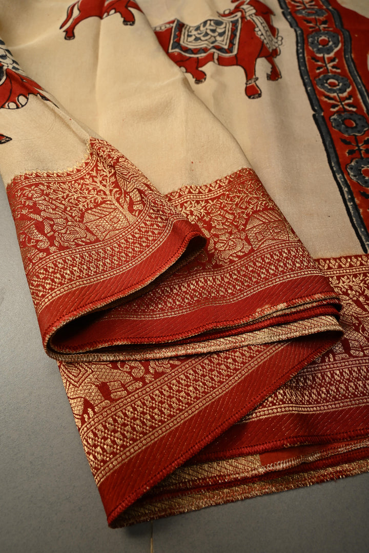 Beige Pichawai Hand Block Print on Dola Silk Saree with Fancy Zari Border and Ajrakh Pallu | SHOBITAM