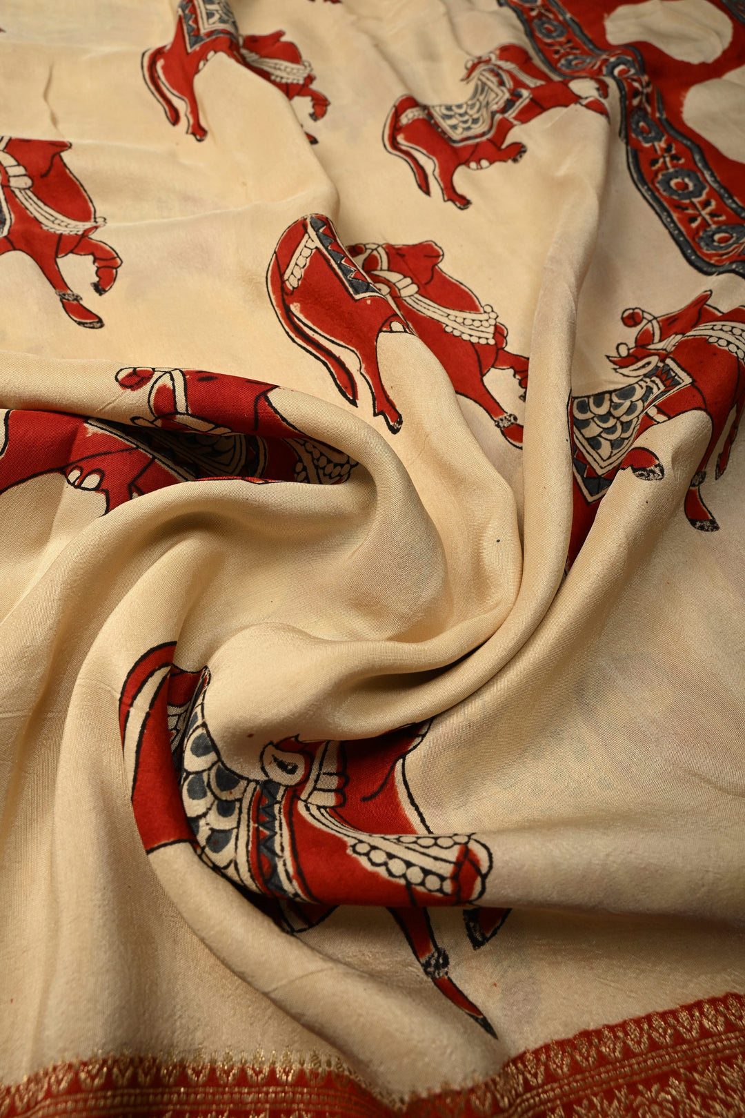 Beige Pichawai Hand Block Print on Dola Silk Saree with Fancy Zari Border and Ajrakh Pallu | SHOBITAM