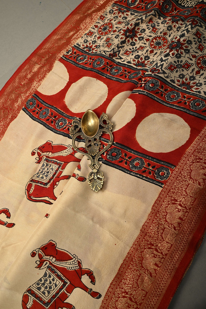 Beige Pichawai Hand Block Print on Dola Silk Saree with Fancy Zari Border and Ajrakh Pallu | SHOBITAM