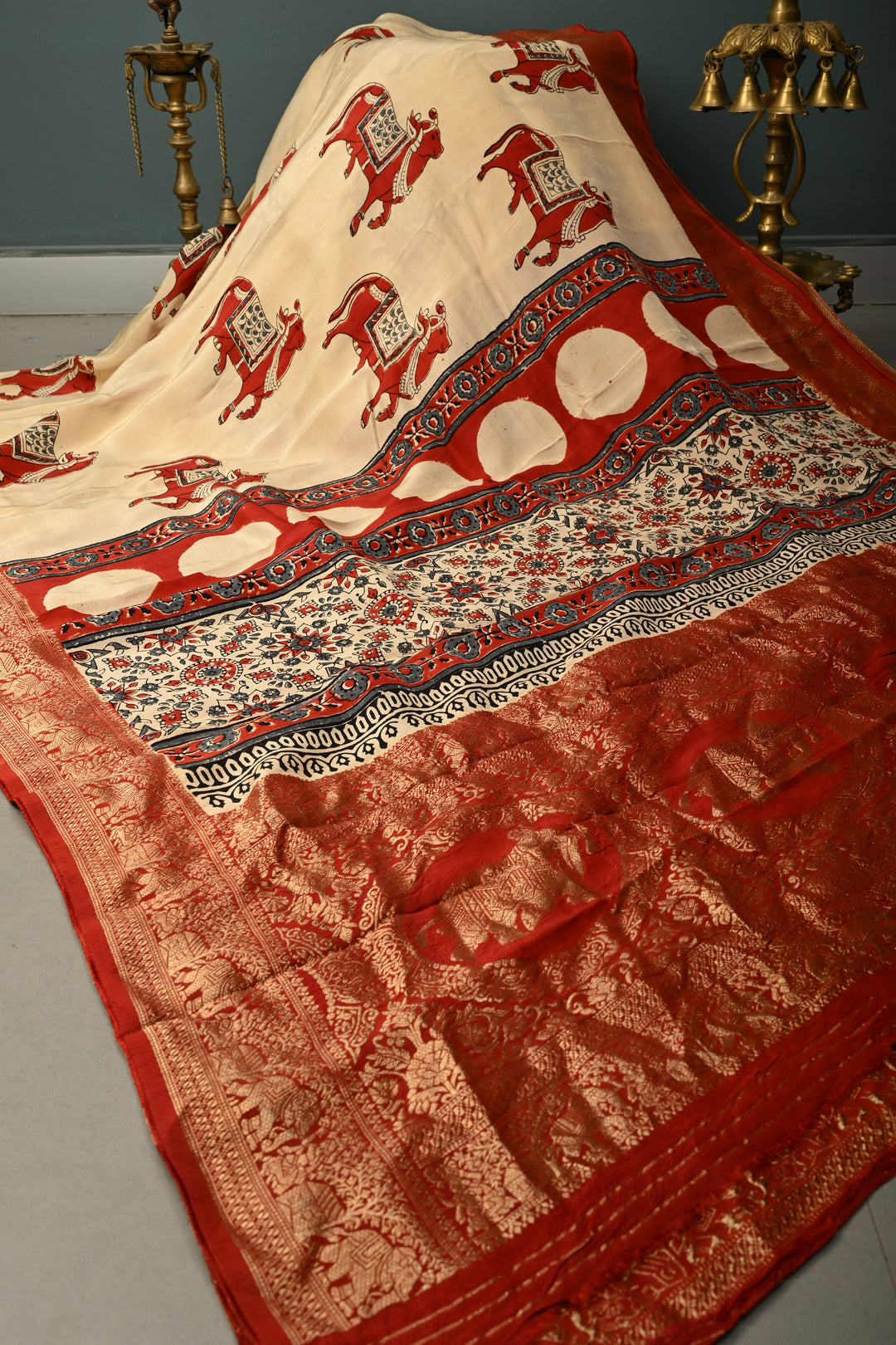 Beige Pichawai Hand Block Print on Dola Silk Saree with Fancy Zari Border and Ajrakh Pallu | SHOBITAM