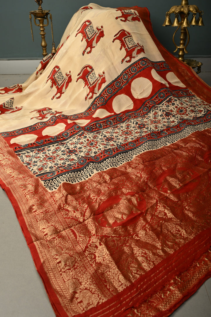 Beige Pichawai Hand Block Print on Dola Silk Saree with Fancy Zari Border and Ajrakh Pallu | SHOBITAM