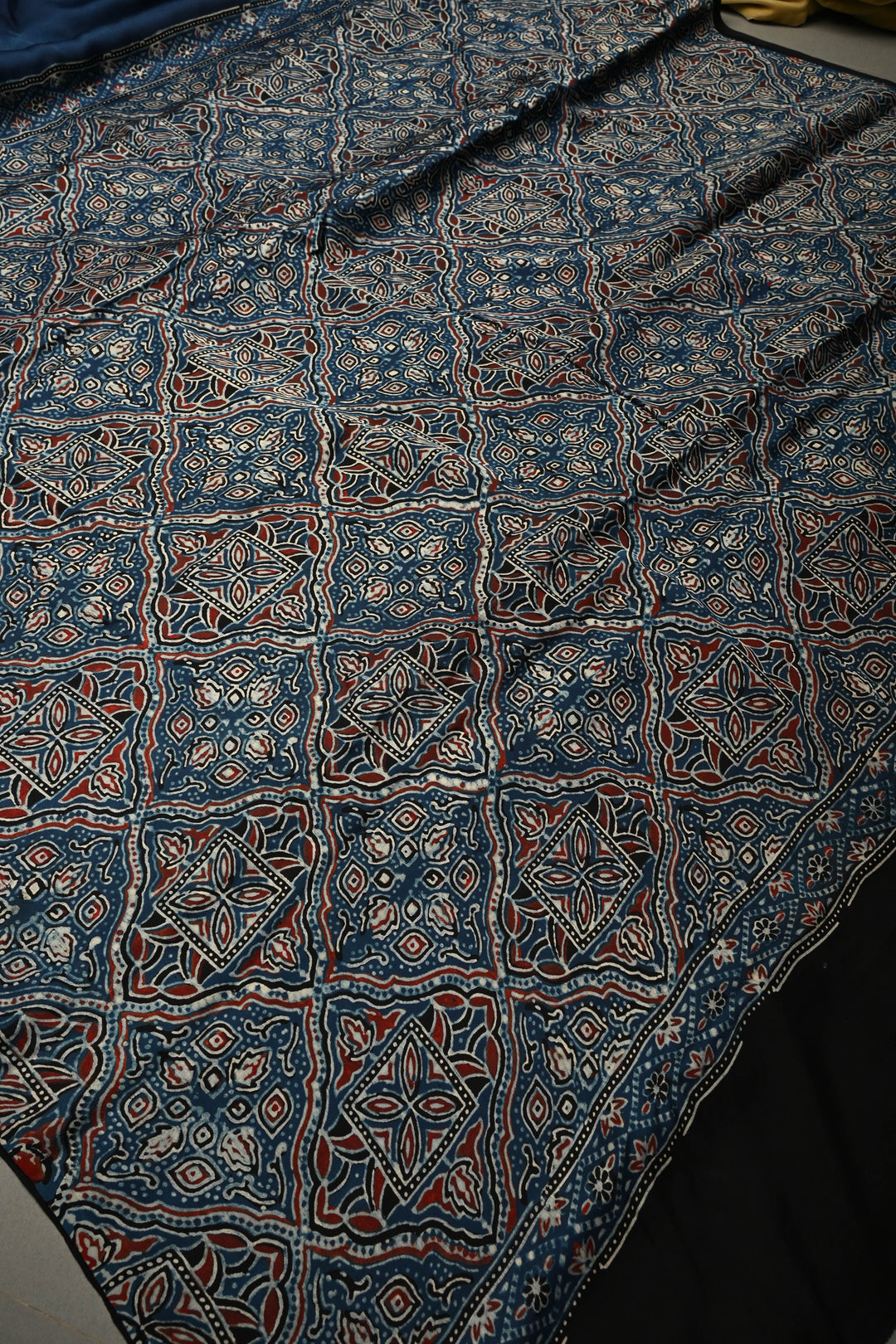 Inigo Modal Silk Saree with Black-White Polka Dots Hand Block Print and Ajrakh Border-Pallu | SHOBITAM