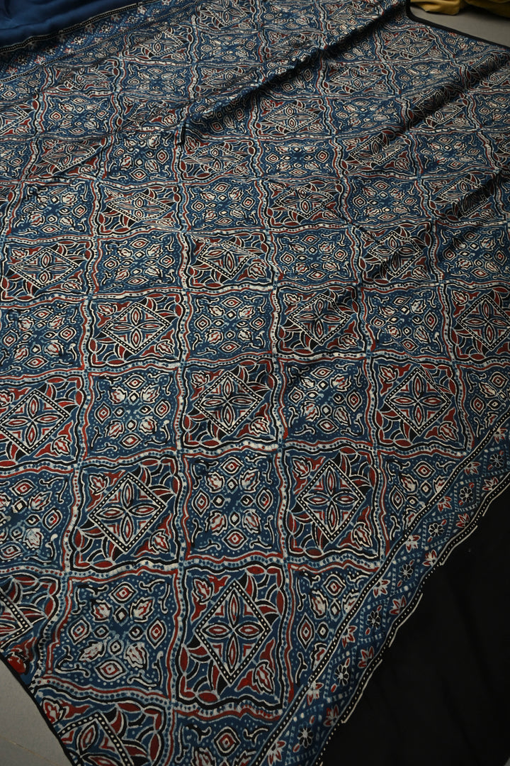 Inigo Modal Silk Saree with Black-White Polka Dots Hand Block Print and Ajrakh Border-Pallu | SHOBITAM