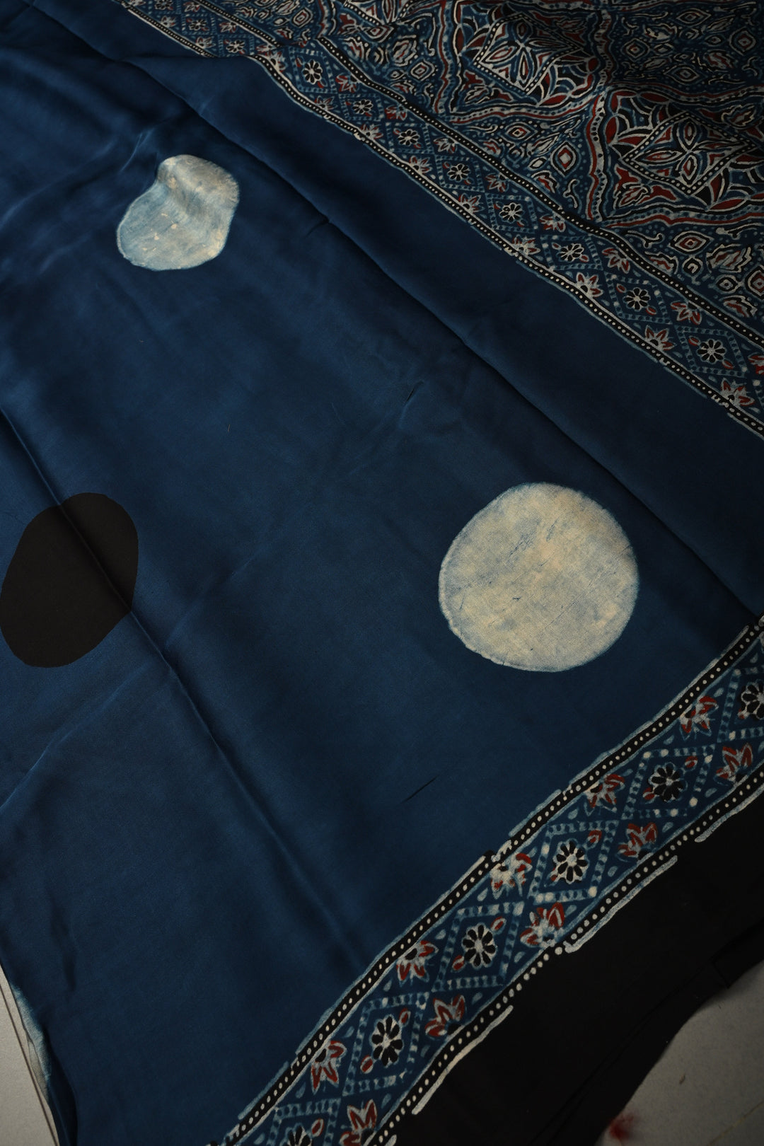 Inigo Modal Silk Saree with Black-White Polka Dots Hand Block Print and Ajrakh Border-Pallu | SHOBITAM