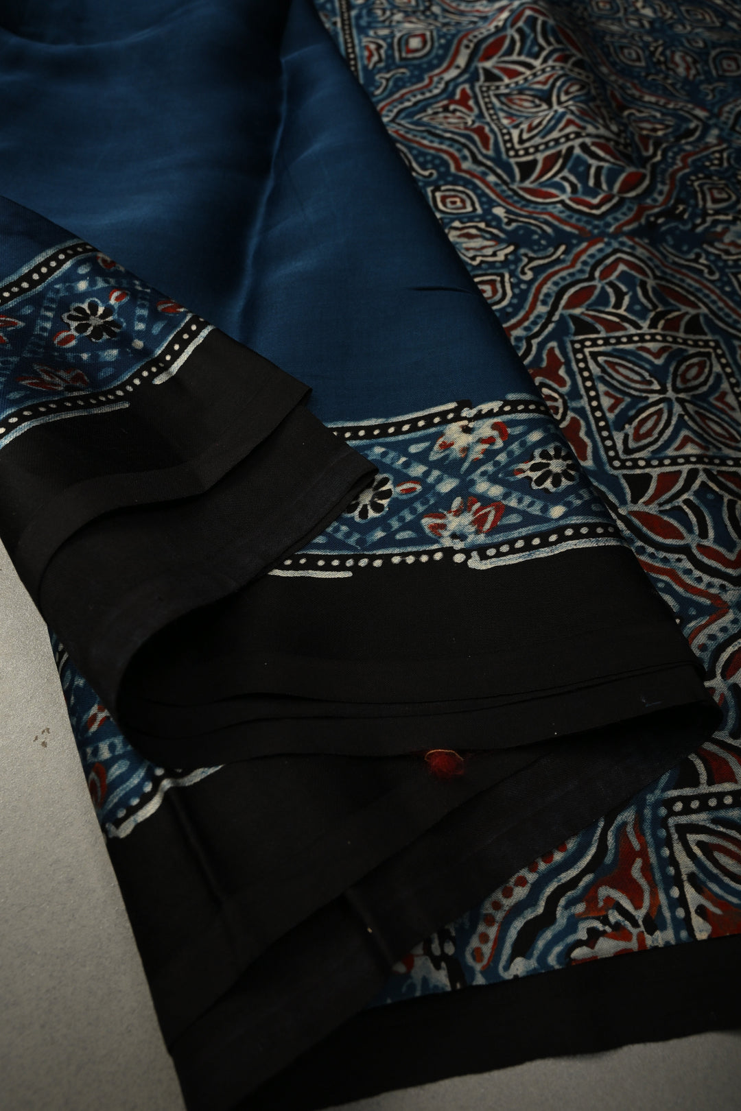 Inigo Modal Silk Saree with Black-White Polka Dots Hand Block Print and Ajrakh Border-Pallu | SHOBITAM