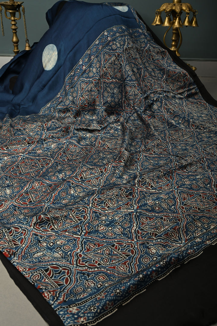 Inigo Modal Silk Saree with Black-White Polka Dots Hand Block Print and Ajrakh Border-Pallu | SHOBITAM