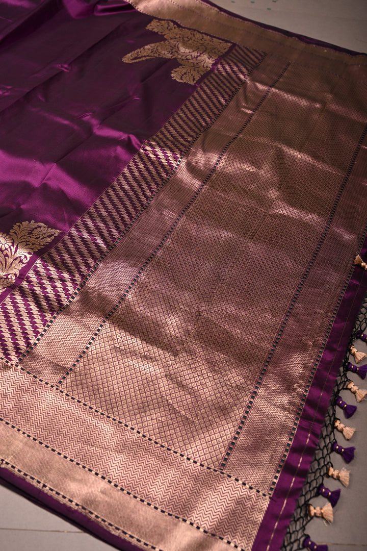 Eggplant Purple Banarasi Katan Silk Saree with Koniya Motifs and Zari Border | SILK MARK CERTIFIED | SHOBITAM