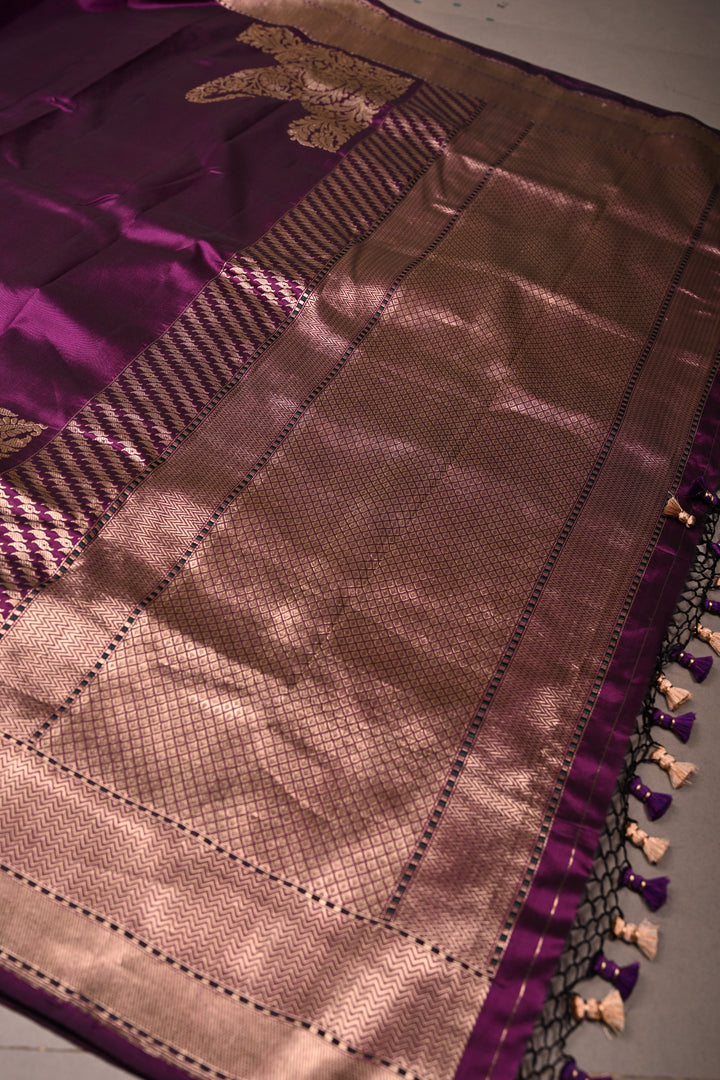 Eggplant Purple Banarasi Katan Silk Saree with Koniya Motifs and Zari Border | SILK MARK CERTIFIED | SHOBITAM