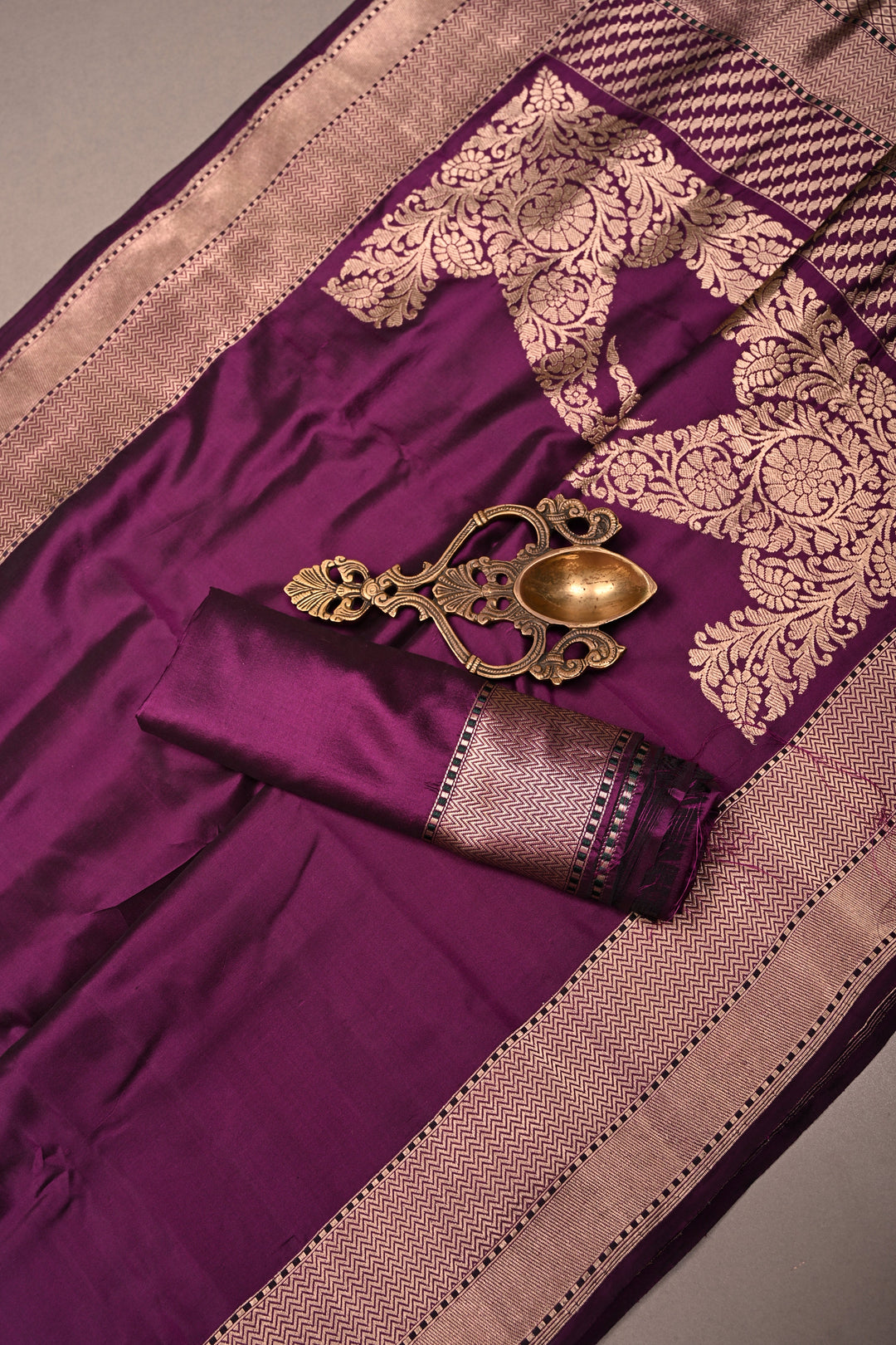 Eggplant Purple Banarasi Katan Silk Saree with Koniya Motifs and Zari Border | SILK MARK CERTIFIED | SHOBITAM
