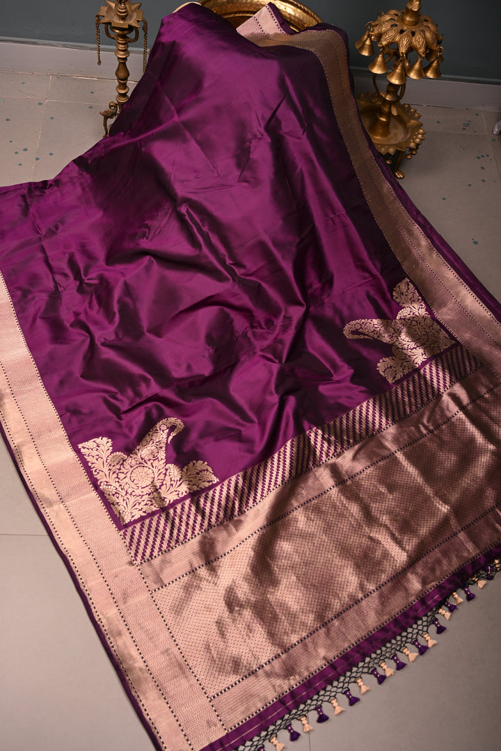 Eggplant Purple Banarasi Katan Silk Saree with Koniya Motifs and Zari Border | SILK MARK CERTIFIED | SHOBITAM
