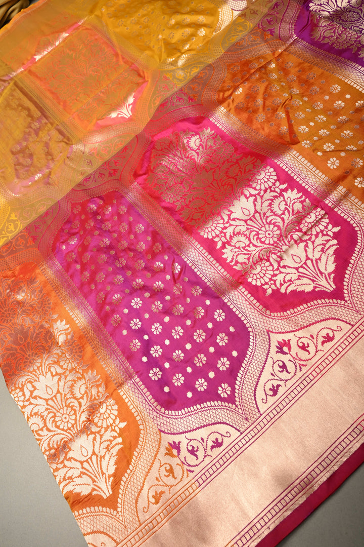 Multicolor Banarasi Katan Silk Saree with Rangkaat Design and Zari Border | SILK MARK CERTIFIED | SHOBITAM