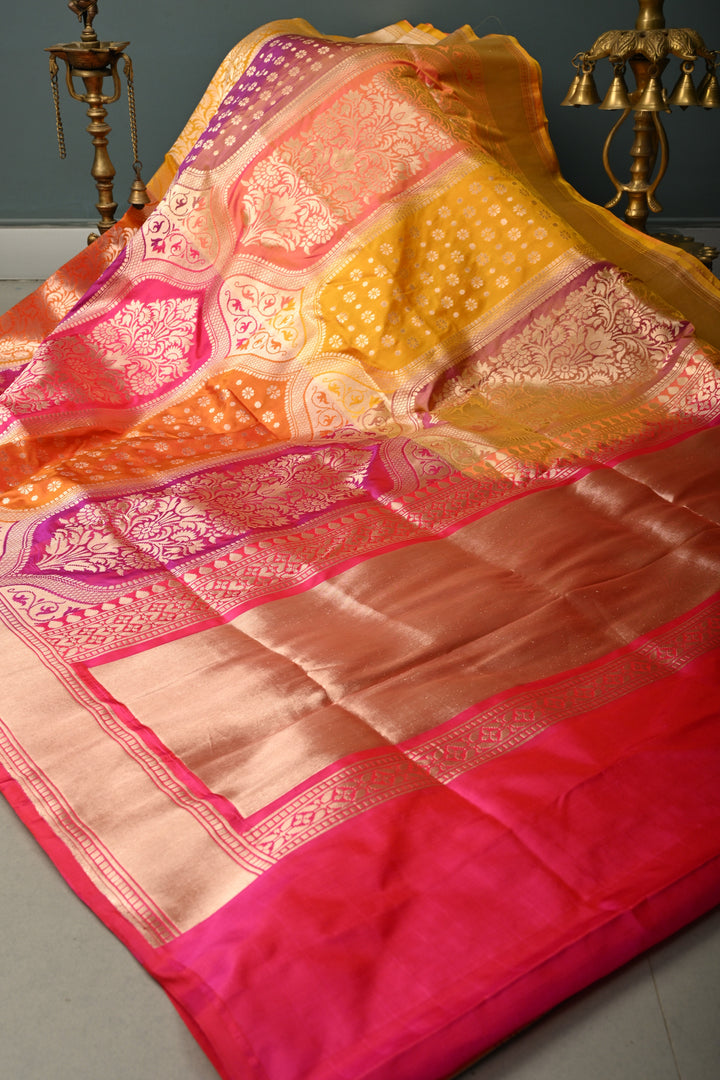Multicolor Banarasi Katan Silk Saree with Rangkaat Design and Zari Border | SILK MARK CERTIFIED | SHOBITAM