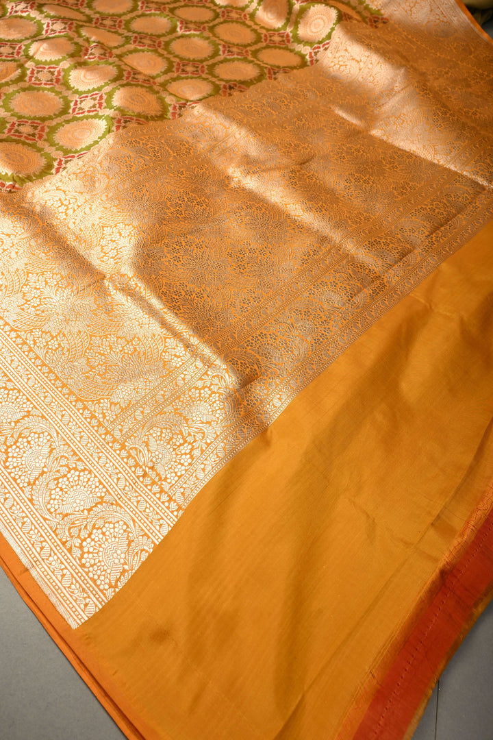 Green Dual Tone Banarasi Katan Silk Saree with Meenakari Patola Floral Brocade Jaal and Zari Border | SILK MARK CERTIFIED | SHOBITAM