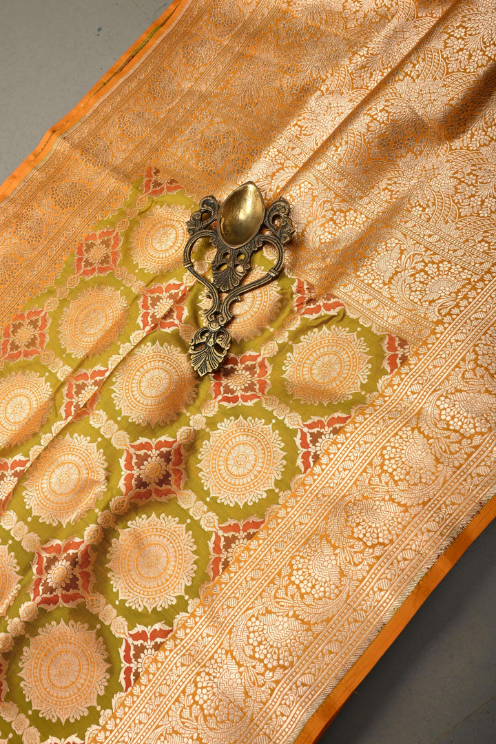 Green Dual Tone Banarasi Katan Silk Saree with Meenakari Patola Floral Brocade Jaal and Zari Border | SILK MARK CERTIFIED | SHOBITAM